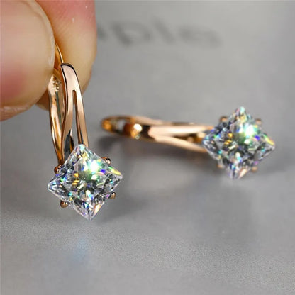 Cute Female Champagne Square Jewelry Luxury Crystal Zircon Stone Hoop Earring Rose Gold Color Wedding Earrings For Women