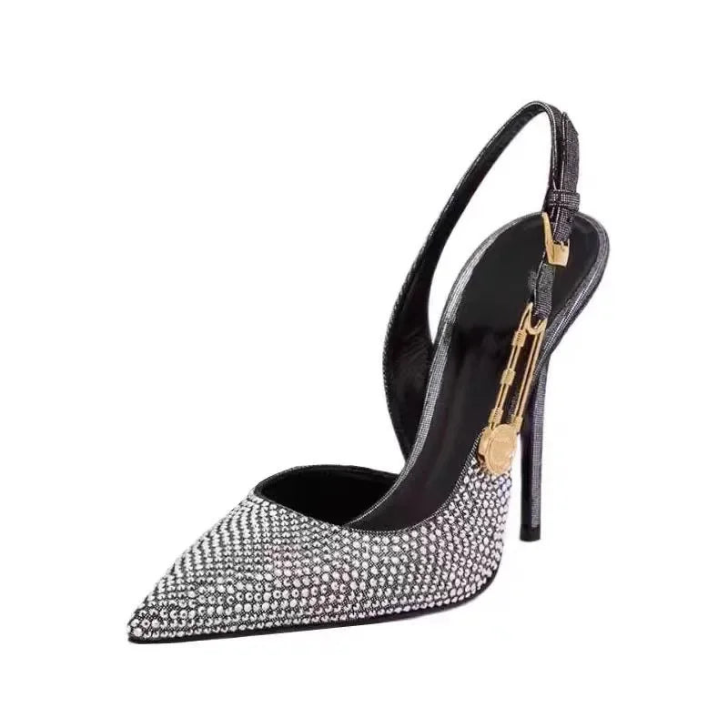 Women Shoes Luxury Rhinestones Sequined Buckle High Heels Elegant Pointed Toe Slingbacks Stiletto Shoes for Women Fashion Shoes