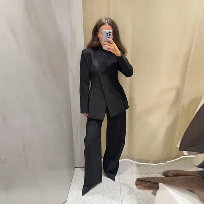 Elegant Blazer Pants Set Women Solid V-neck Long Sleeve Button Coat Wide Leg Trousers 2025 Autumn Fashion Office Lady Outfits