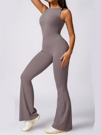 Hollow Out Backless One Piece Yoga Jumpsuit Women Sport Sleeveless Fitness Gym Suit Workout Exercise Skinny Flare Bodysuits