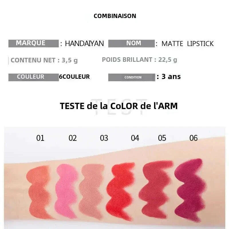 HANDAIYAN Moisturizing Long-Lasting Matte Lipstick 6-Color Non-Stick Cup Show Temperament Sexy Nude Makeup Lipsticks Cosmetics