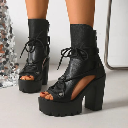 Women's Platform High Heel Ankle Boots Open Toe Lace Up Sandals Textured Finish Chunky Block Heel Zipper Closure Fashion...