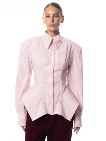 Women's Collar Striped Shirt with Asymmetrical Hem and Waist Cinching 2026 Spring summer Fashionable Casual Office...