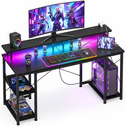 48 inch Gaming Desk with LED Lights amp Power Outlets, Computer Desk with Monitor Stand amp Storage Shelves, CPU Stand, Home Of - Kimlud