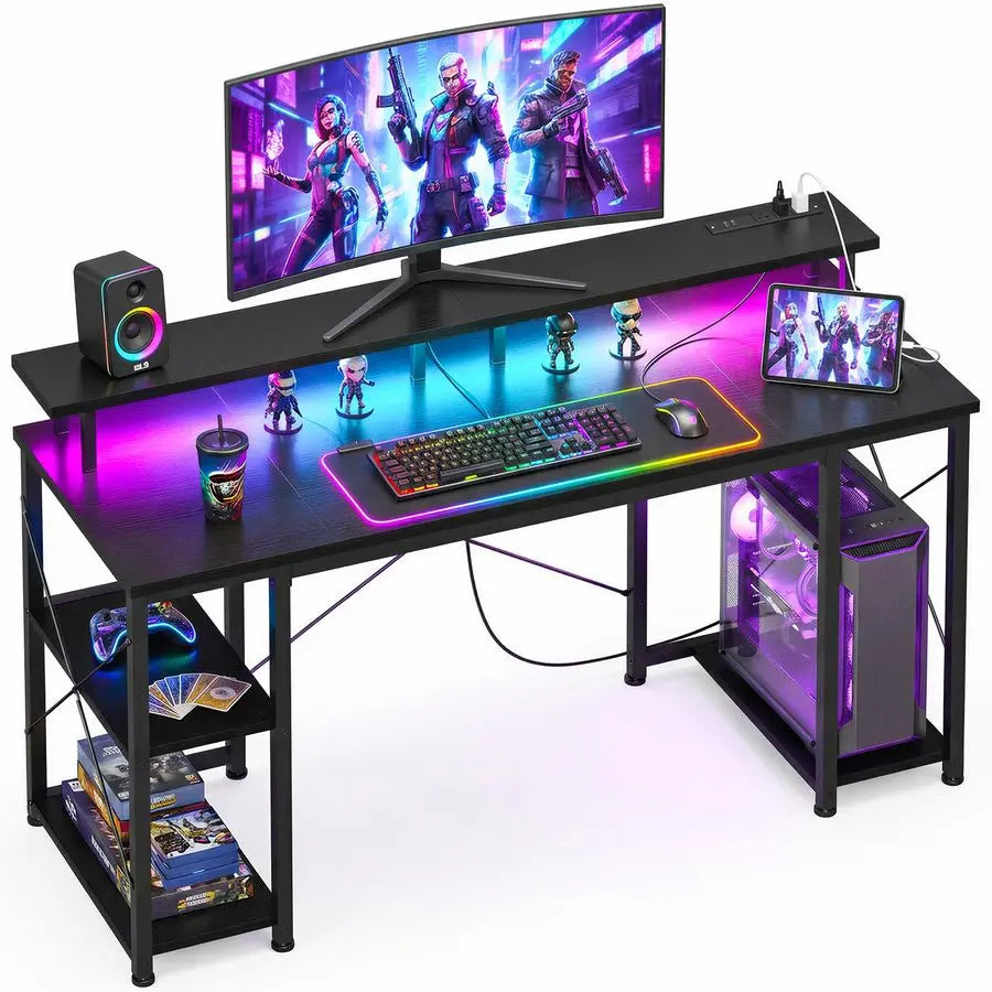 48 inch Gaming Desk with LED Lights amp Power Outlets, Computer Desk with Monitor Stand amp Storage Shelves, CPU Stand, Home Of - Kimlud