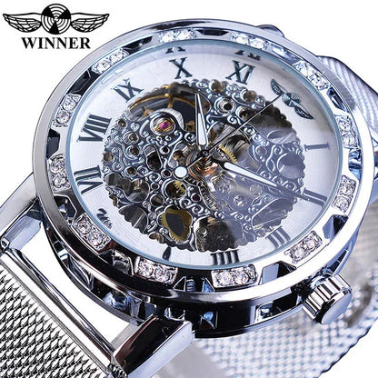 Winner Casual Mechanical Watches For Men Golden Roman Fashion Stainless Steel Belt Mesh Strap Wristwatch Clock Relogio Masculino