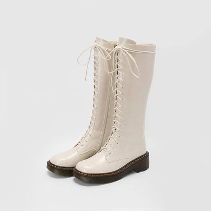 Krazing Pot Vintage Cow Split Leather Wool Snow Boots Winter Keep Warm Round Toe Cross-tied Med Heels Platform Thigh High Boots