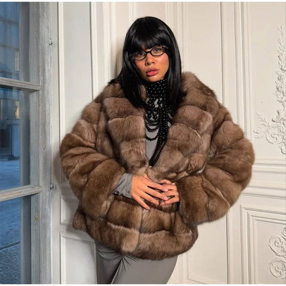 Women Patchwork Faux Fur Coat Elegant Contrast Full Sleeve Lapel Loose Long Staple Plush Jacket Winter High Street Outerwears