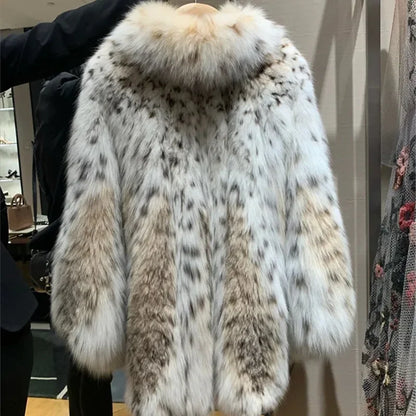 2024 Women Faux Fur Leopard Cardigan Ladies Long Sleeve Thick Short Coat Winter Warm Artificial Wool Turn-Down Neck Plush Jacket