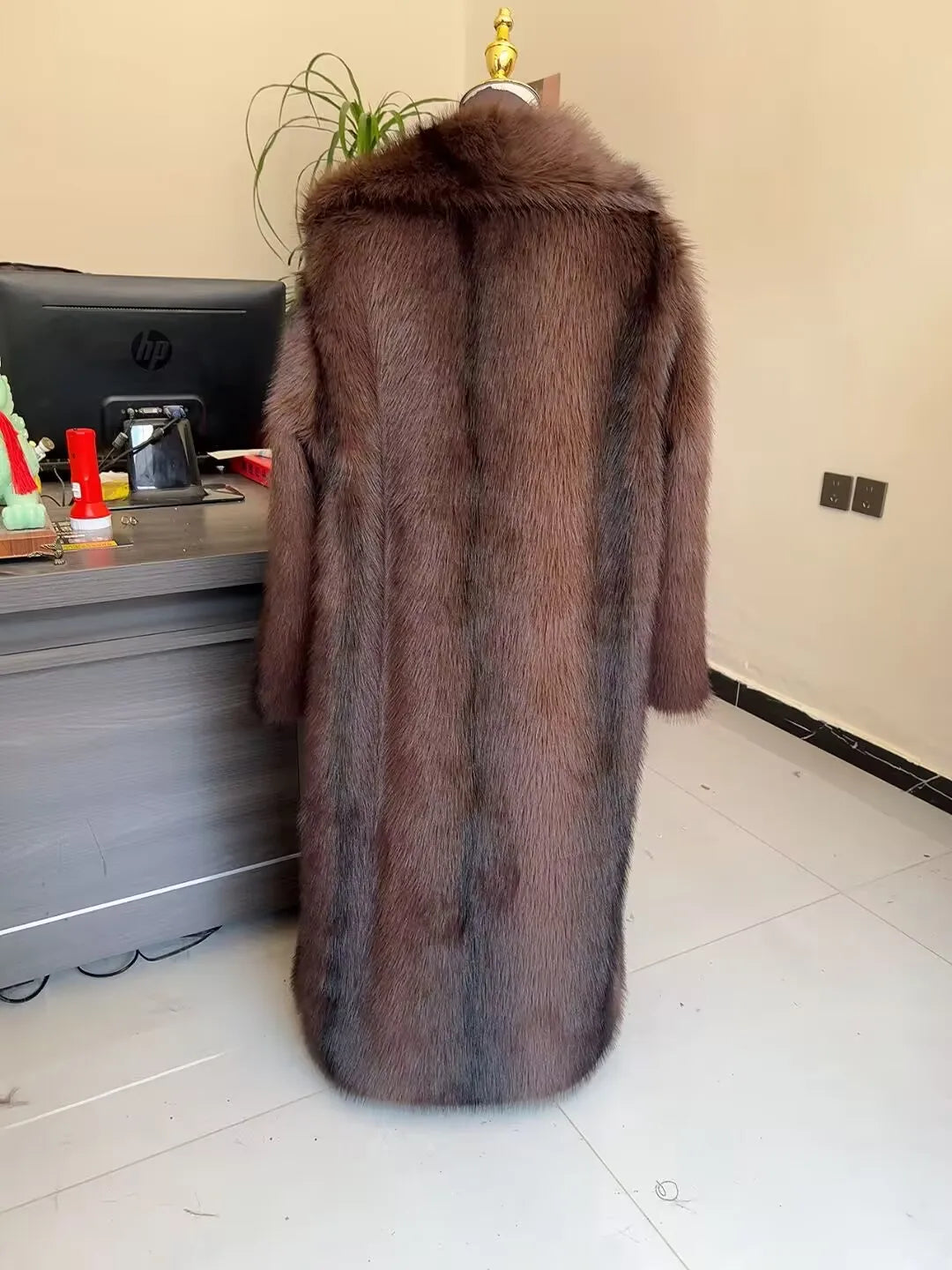 LHXDW New Style Women's Faux Fur Coat Long Waistband Design New Style with Black Imprint and Large Collar Faux Fur Jacket - Kimlud