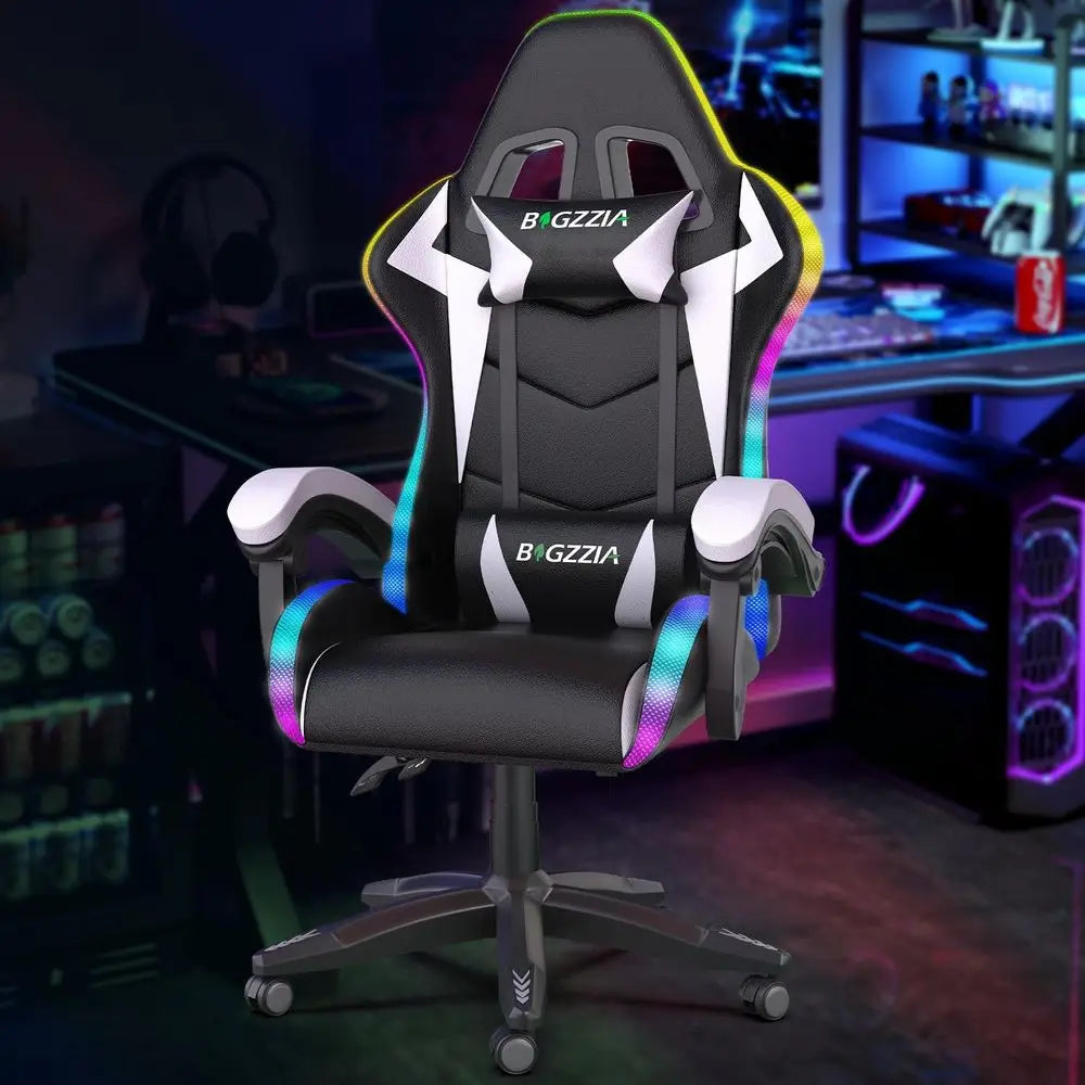 Ergonomic High-Back Gaming Chair with RGB Lighting, Reclining Seat for Adults and Kids, Lumbar and Headrest Support (Black/White