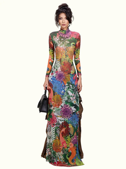 Spring New Arrival Women's Long Sleeve Plant Print High Split Long Top Fashionable Personalized Polyester High Waist H-Line D... - Kimlud