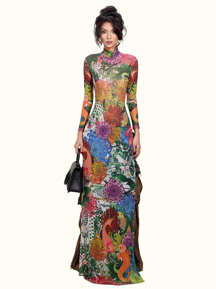 Spring New Arrival Women's Long Sleeve Plant Print High Split Long Top Fashionable Personalized Polyester High Waist H-Line D... - Kimlud