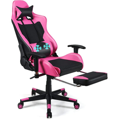 Gaming Chair - Pink Gamer Chair with Footrest Racing Esports Computer Chair Massage Lumbar Support Leather Recliner, Customized