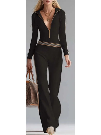 Contrast Color Stitching Pit Strip Knitted Jumpsuit New Women's Spring Autumn Long-sleeved Zippered Long-sleeved Hooded Jumpsuit - Kimlud
