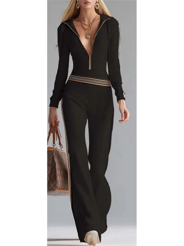 Contrast Color Stitching Pit Strip Knitted Jumpsuit New Women's Spring Autumn Long-sleeved Zippered Long-sleeved Hooded Jumpsuit - Kimlud