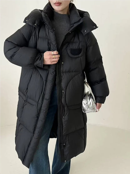 Hirsionsan Winter Long Solid Hooded Puffer Clothing Women Loose Casual White Duck Down Jackets Retro Streetwear Simple Warm Coat