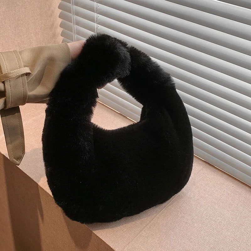 Solid Color Plush Dumpling Bag Simple Style Niche Design Faux Fur Handbag Tote Small Women's Underarm Hobo Bag