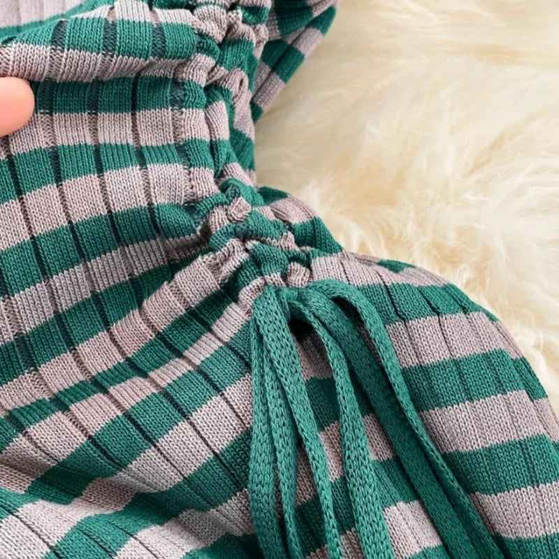 Women's Green Striped Crew Neck Short Sleeve Self-Tie Sundress Stretchy Knit Bodycon Maxi Dress Casual Summer Daily...