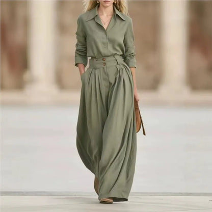 Women Solid Two Piece Outfit Autumn Lapel Long Sleeve Button Shirt + High Waist Pleated Wide Leg Pants Set Casual Office Suits