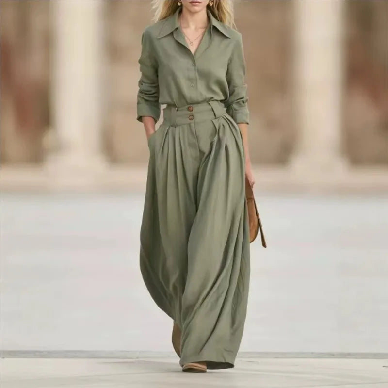 Women Solid Two Piece Outfit Autumn Lapel Long Sleeve Button Shirt + High Waist Pleated Wide Leg Pants Set Casual Office Suits