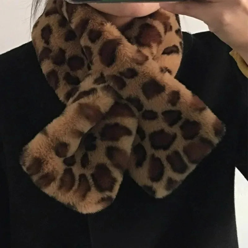Winter Leopard Faux Rabbit Fur Scarf Women Girls Scarf Soft Plush Scarves Solid Color Neck Collar Warmer Stuff Christma Gift