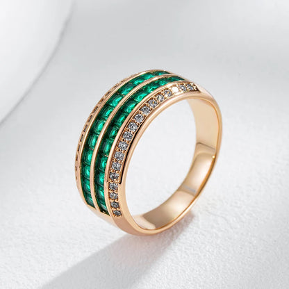 Kinel Luxury Full Green Natural Zircon 9mm Width Rings For Women Fashion Design 585 Rose Gold Color Modern Party Daily Jewelry