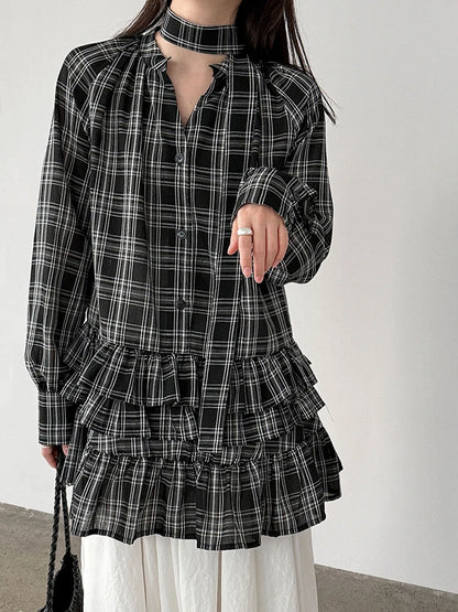 [EAM] Women Black Plaid Ruffles Big Size Elegant Blouse New V-neck Long Sleeve Shirt Fashion Tide Spring Autumn 2026...