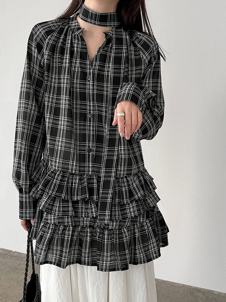 [EAM] Women Black Plaid Ruffles Big Size Elegant Blouse New V-neck Long Sleeve Shirt Fashion Tide Spring Autumn 2026...