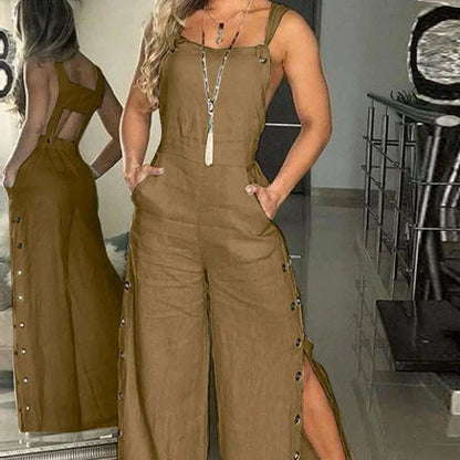 Women's Sleeveless Wide Leg Jumpsuit with Side Pockets And Button Closure Solid Color Loose Straight-Leg Romper for Women