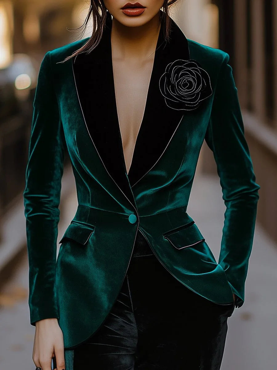 Luxury Green Velvet Blazer for Women Single Breasted 3D Rose Flower Female Blazer Jacket Slim Fit Office Lady Outerwear...