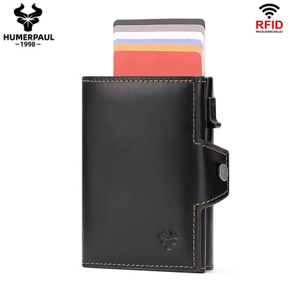 HUMERPAUL Men Card Holder with Money Pocket Crazy Horse Leather Pop Up Minimalist Wallet RFID Blocking Slim Metal Bank Card Case
