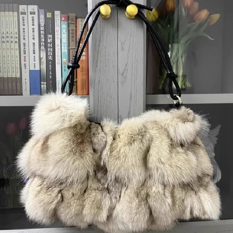 Winter Fox Fur Bag Women's  Bag Fashion  Handbag Ladies Bags Purses Women Shoulder Bag Real Silver Fox Fur Messenger Bags