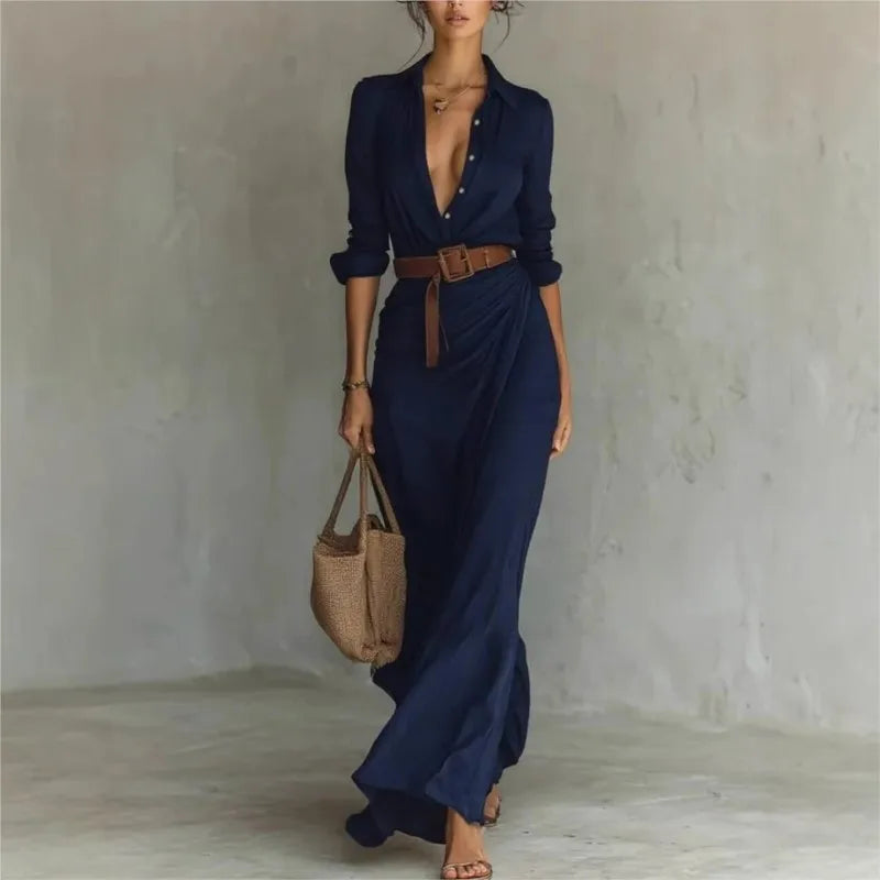 Elegant Solid Color Irregular Pleated Dress Belt Women's Autumn New Item Single Breasted Long Sleeved Shirt Long Frock Vestidos