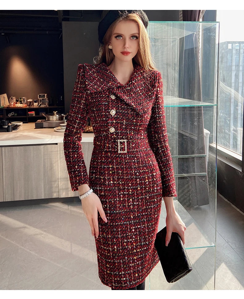 Elegant Retro Tweed Asymmetric Large Lapel Slimming Dress Women's Autumn Winter High-Grade Long Sleeve Mid-length Dress...