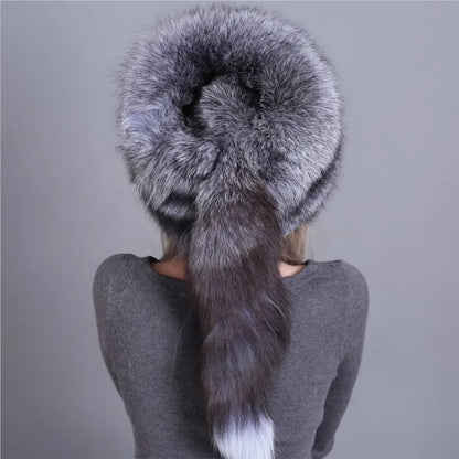 Fur hat for ladies thickened warm ear-protecting with tail snow and wind trendy