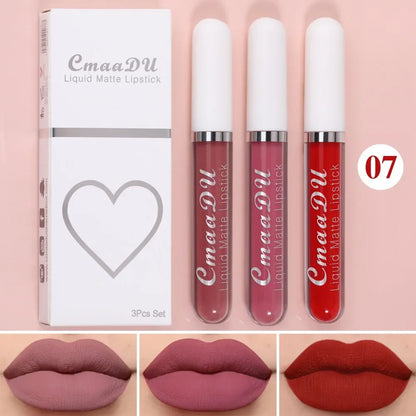 3Pcs/Set Waterproof Matte Nude Lip Gloss Brown Nude Pigment Dark Red Long Lasting Velvet Liquid Lipstick Women Makeup Lip Glaze