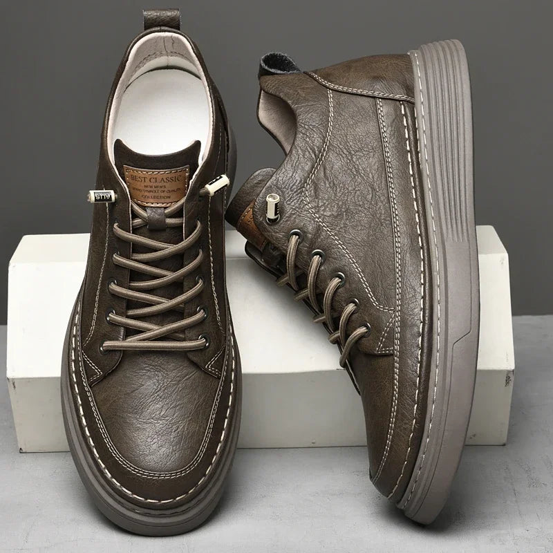 Italian Brand Men's Genuine Leather Casual Shoes Fashionable Beige Men's Hiking Shoes Camping High Top Shoes Big Size：36-47