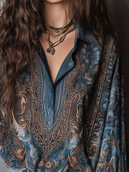 Retro Blue Paisley Print Loose Blouse Women Lapel Button Long Sleeve Basic Shirts Casual Beach Bohemian Tops blusas femmes