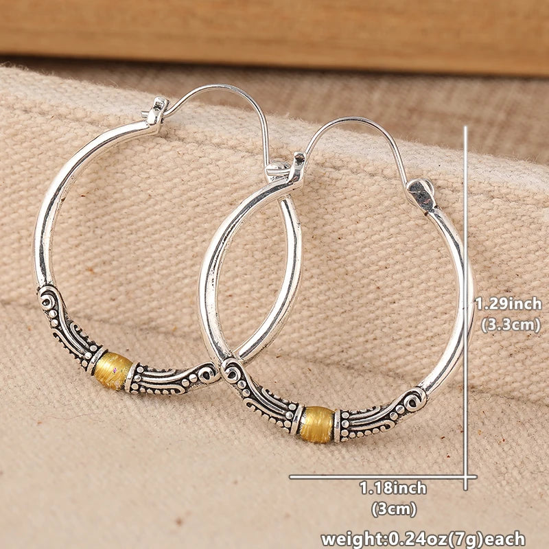 Vintage Exquisite Two-tone Textured Designed Hoop Earrings for Women Bohemian Style Fashion Vacation Banquet Jewelry Accessories