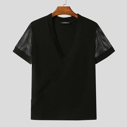 INCERUN Men T Shirt Mesh Patchwork V Neck Short Sleeve Male Tee Tops Summer Streetwear 2025 Fashion Casual Men Clothing S-5XL - Kimlud