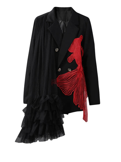 [EAM] Women Black Mesh Irregular Fish Spliced Big Size Blazer New Lapel Long Sleeve Jacket Fashion Spring Autumn 2025...