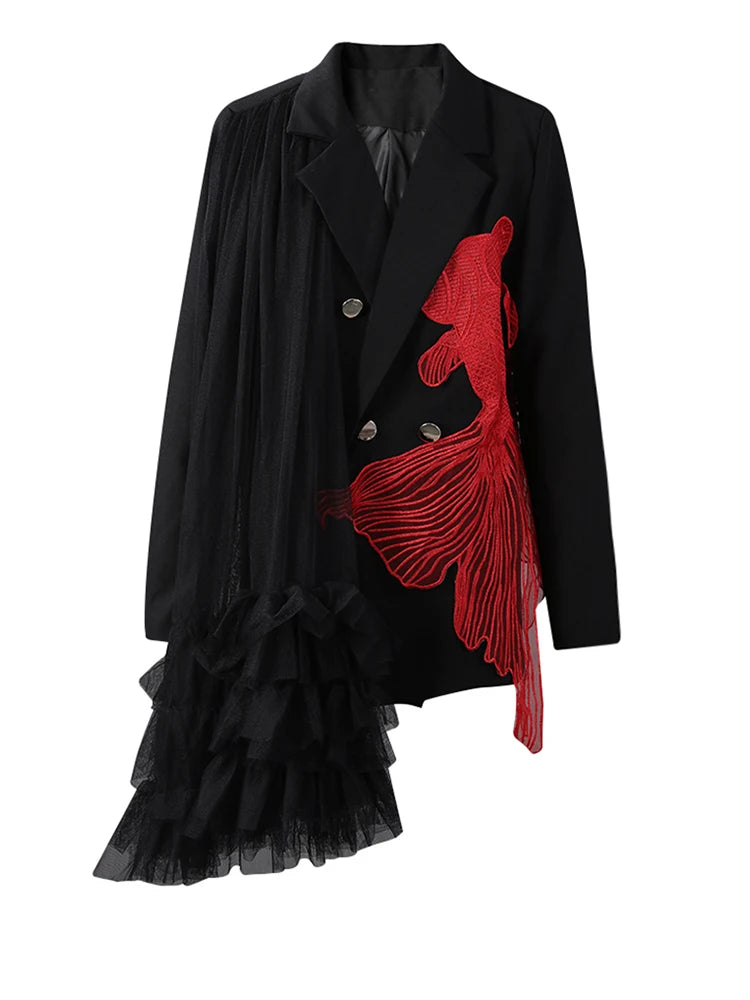 [EAM] Women Black Mesh Irregular Fish Spliced Big Size Blazer New Lapel Long Sleeve Jacket Fashion Spring Autumn 2025...