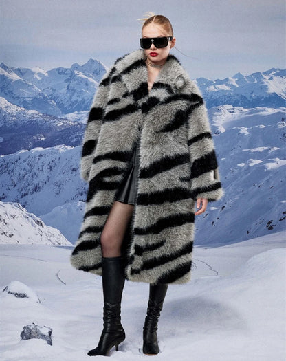 Women's fur coat new fashion zebra print imitation fox fur coat long winter leisure and warm