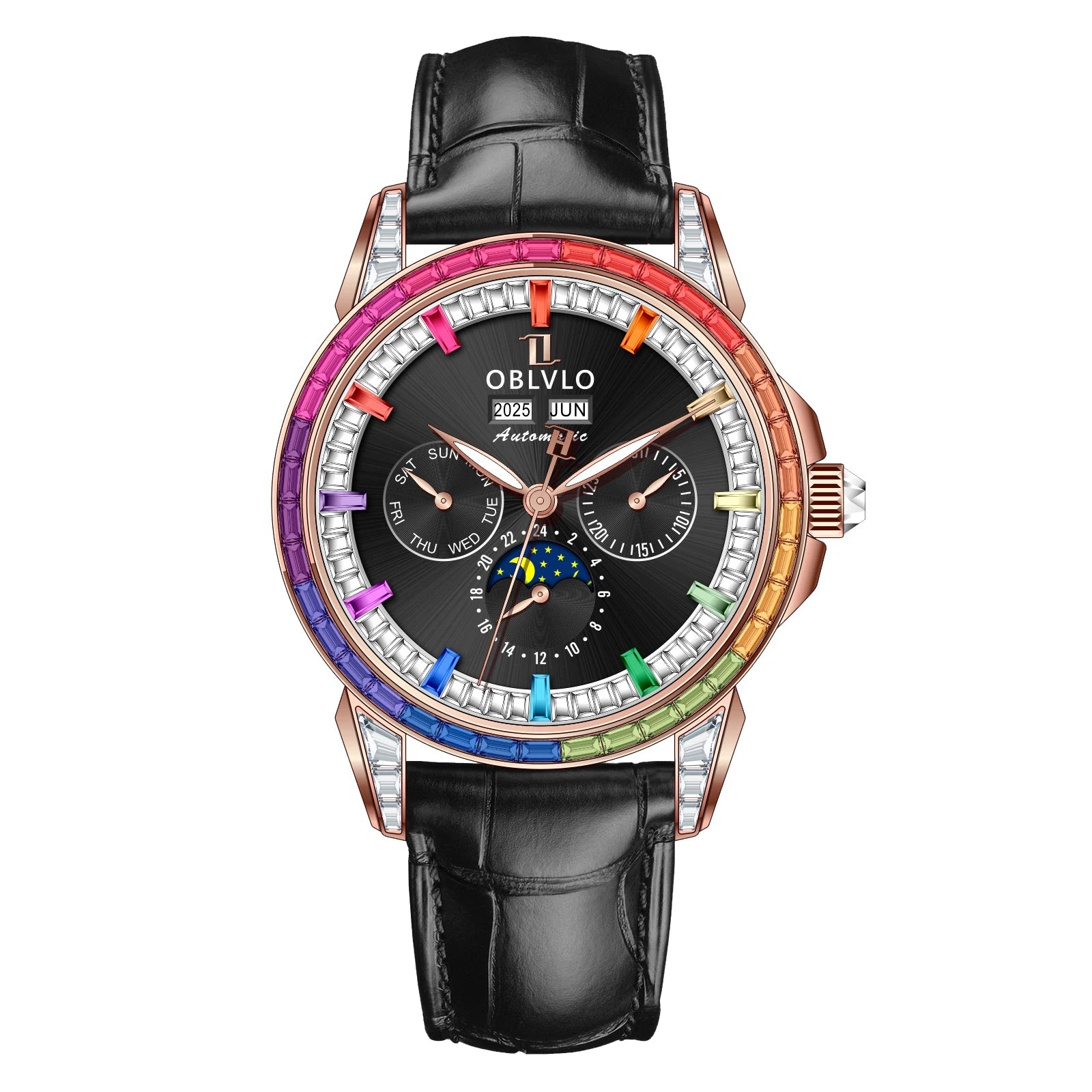 OBLVLO Men's Fashion Automatic Watch Colorful Zircon Moonphase Mechanical Multifunctional Black Leather Strap Timepiece...