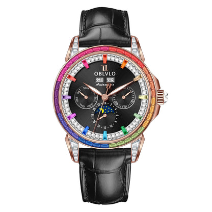 OBLVLO Men's Fashion Automatic Watch Colorful Zircon Moonphase Mechanical Multifunctional Black Leather Strap Timepiece...