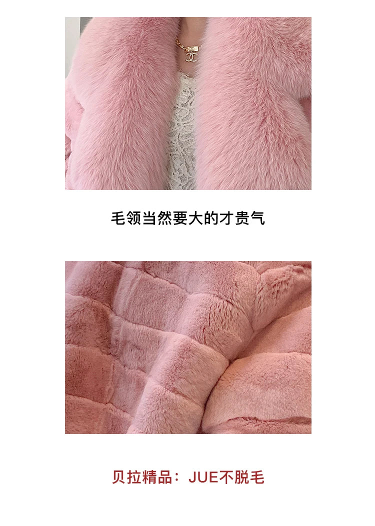 Fashion Women Real Rex Rabbit Fur Coats Long Natural Full Pelt Chinchilla Color Rabbit Fur Jackets With Real Fox Fur Collar Over