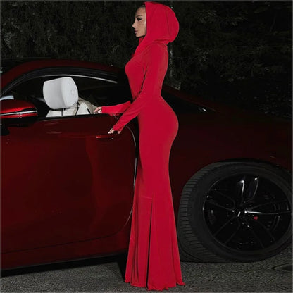 Hooded Solid Color Long-sleeved Slim Dress Autumn Winter Women's New Fashion Long Dress Elegant Party Dresses Платье Женское