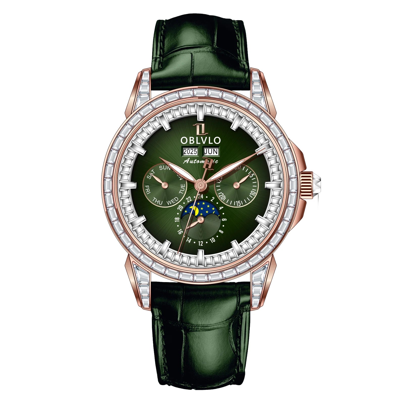OBLVLO Men's Fashion Automatic Watch Colorful Zircon Moonphase Mechanical Multifunctional Black Leather Strap Timepiece...