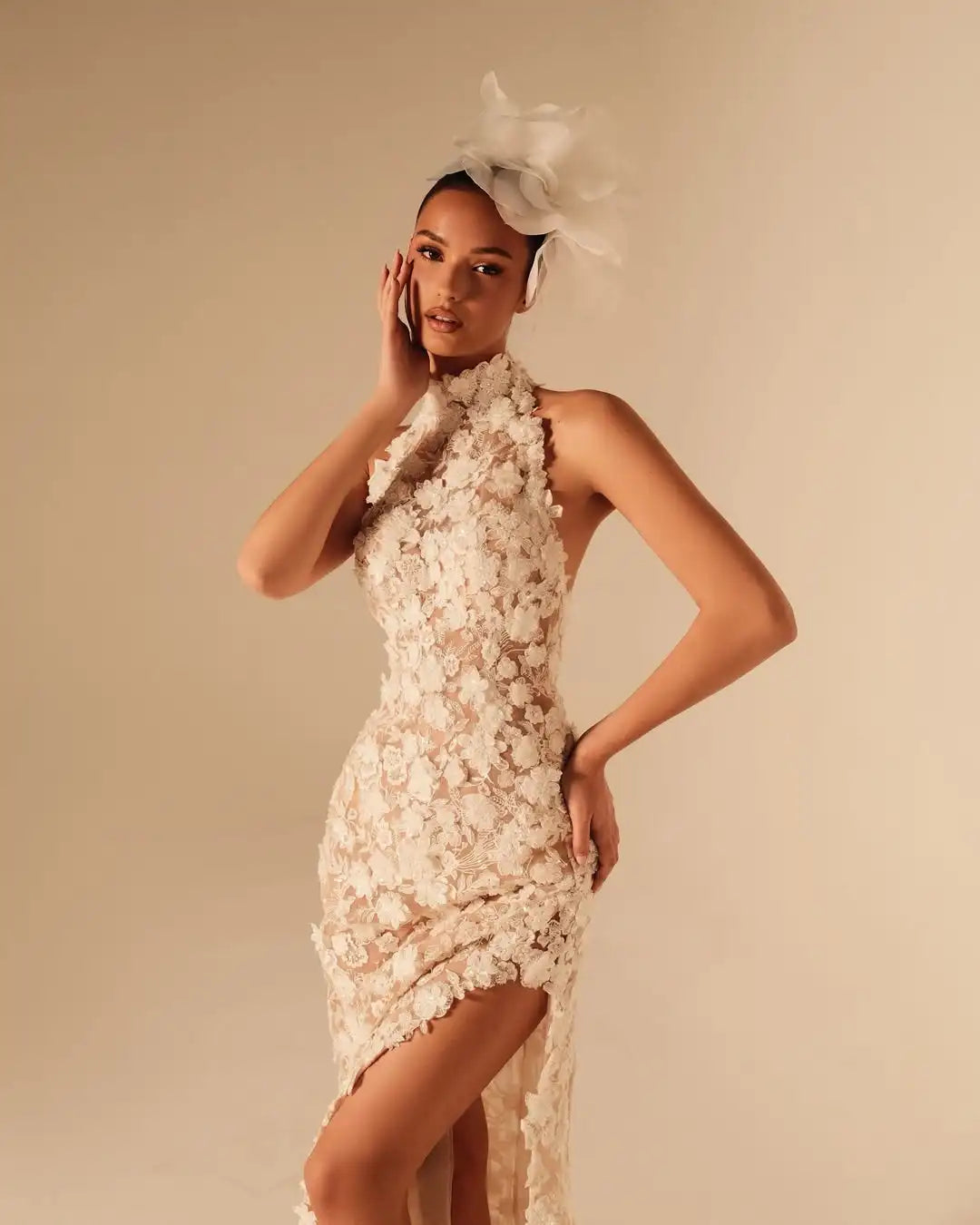 Ofherown Ivory Lace Midi Dress High Neck Halter Sheer Illusion Side Slit Wedding Guest Cocktail Evening Gown Custom Made